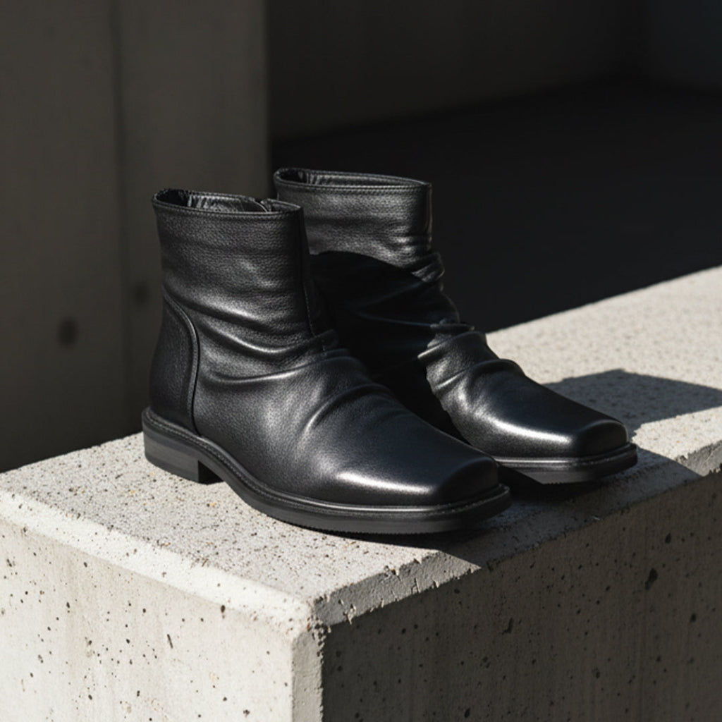 Ankle Boots Square Toe Crease Design Side Zip