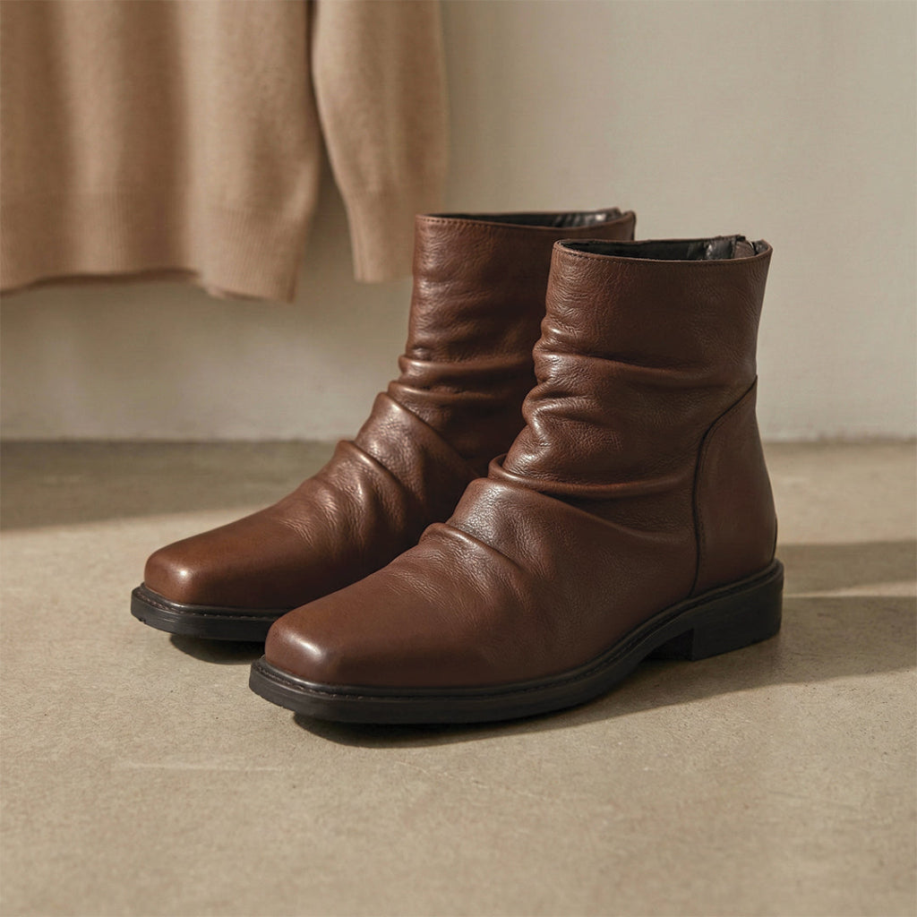 Ankle Boots Square Toe Crease Design Side Zip