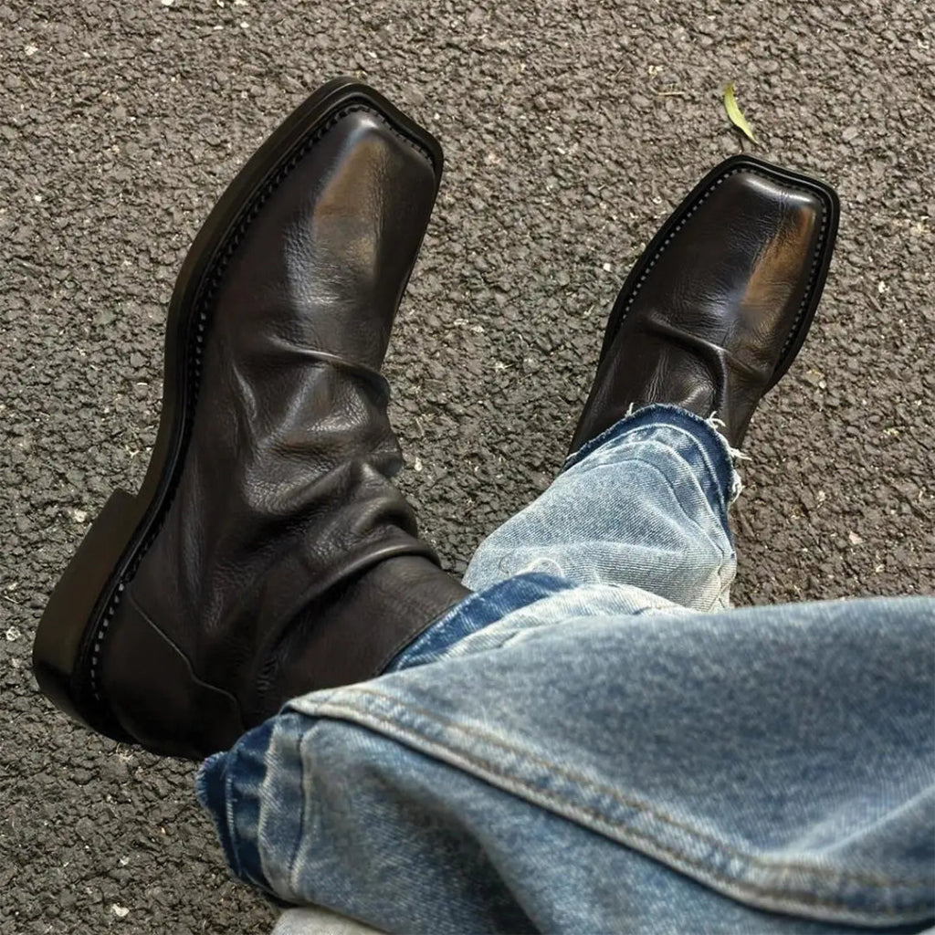 Ankle Boots Square Toe Crease Design Side Zip