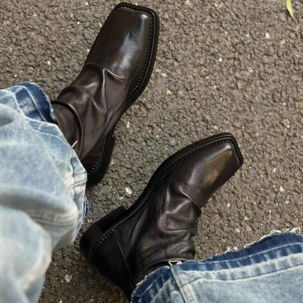 Ankle Boots Square Toe Crease Design Side Zip