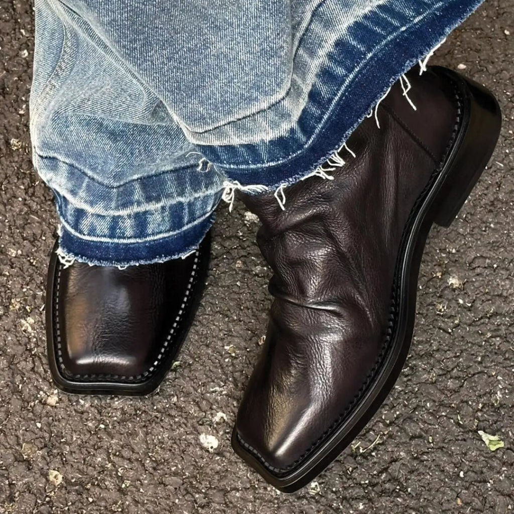 Ankle Boots Square Toe Crease Design Side Zip