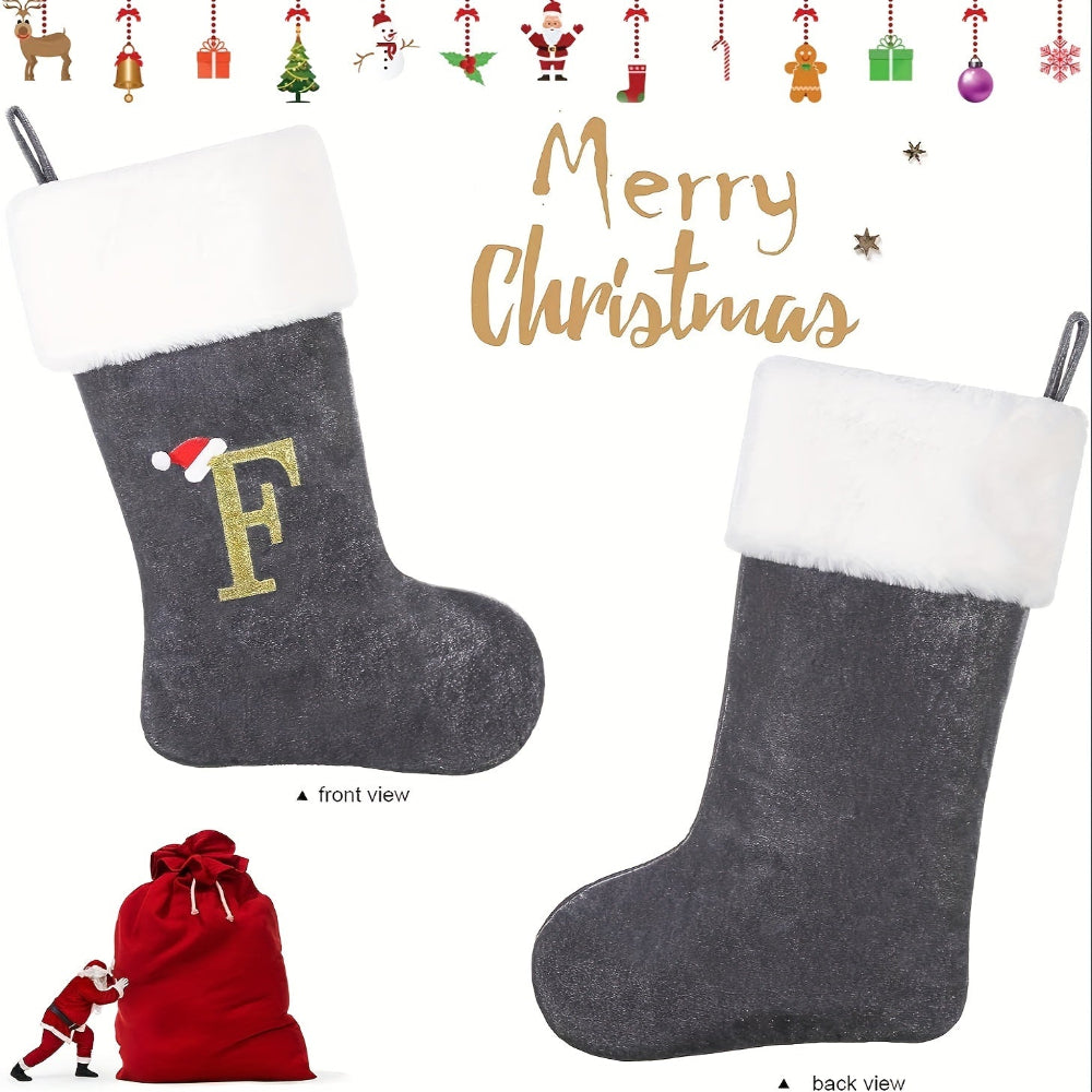 Christmas Stockings Velvet Monogram Letter Gray Holiday Decor