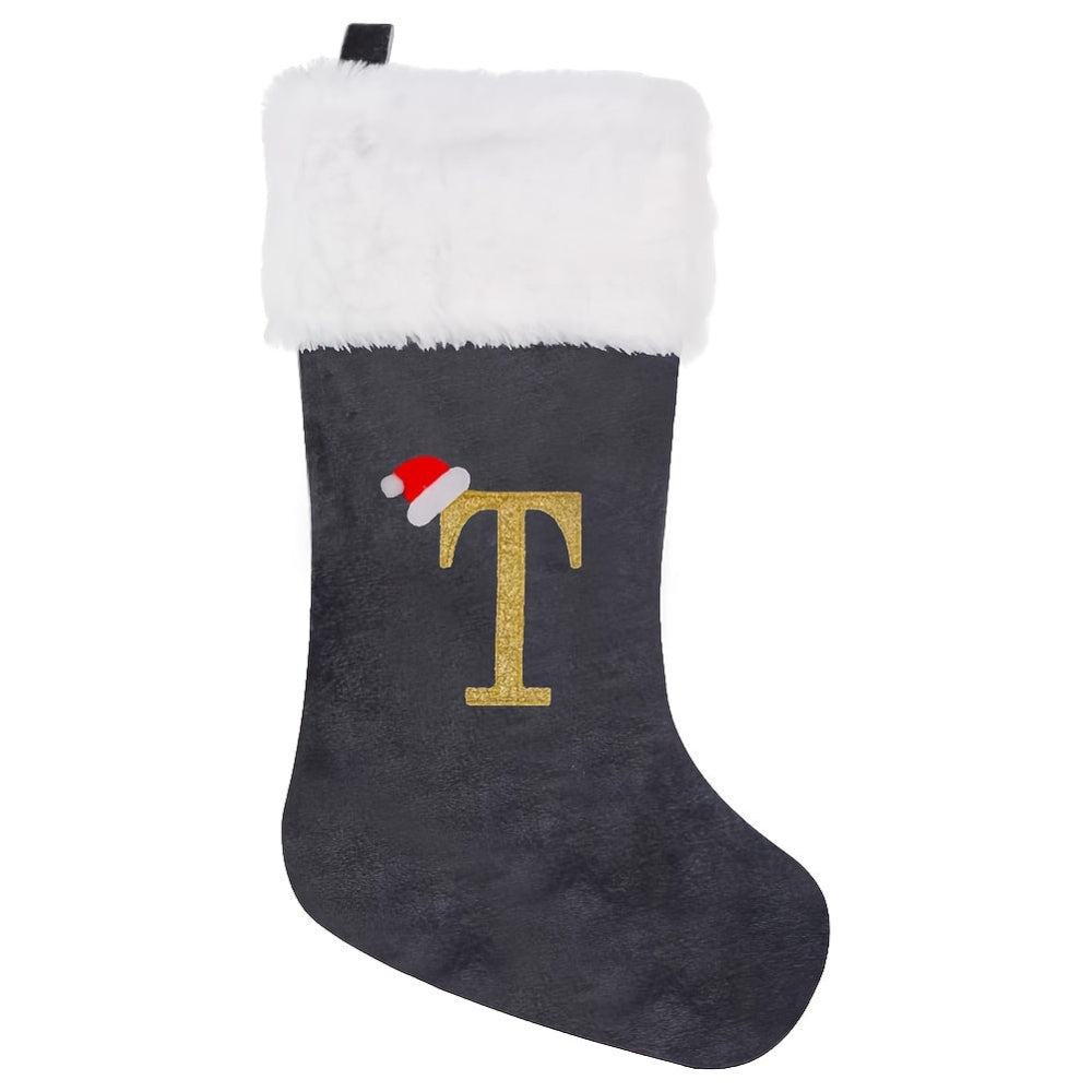 Christmas Stockings Velvet Monogram Letter Gray Holiday Decor