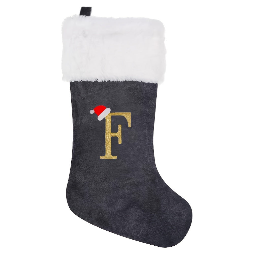 Christmas Stockings Velvet Monogram Letter Gray Holiday Decor