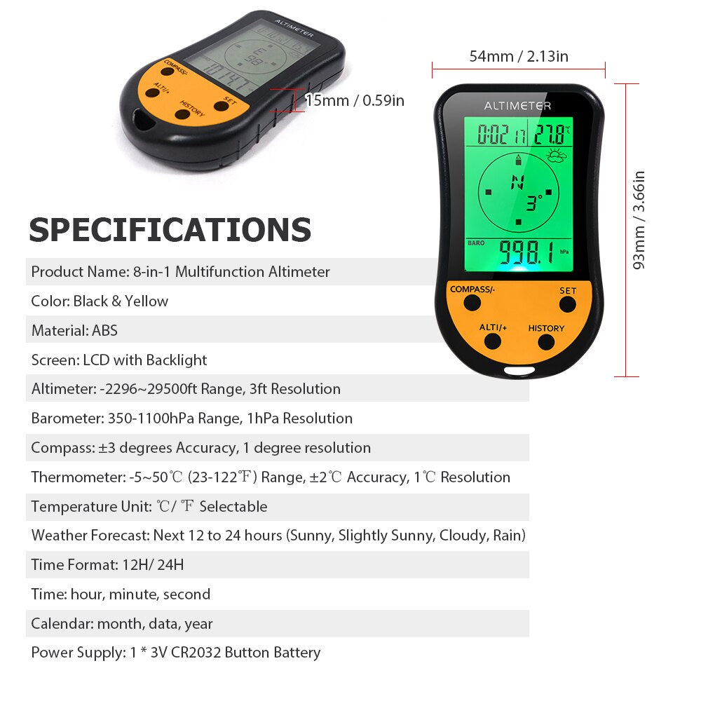 8-in-1 Multifunction Digital Altimeter with Barometer, Compass, Thermometer, Weather Forecast, Clock, and Calendar