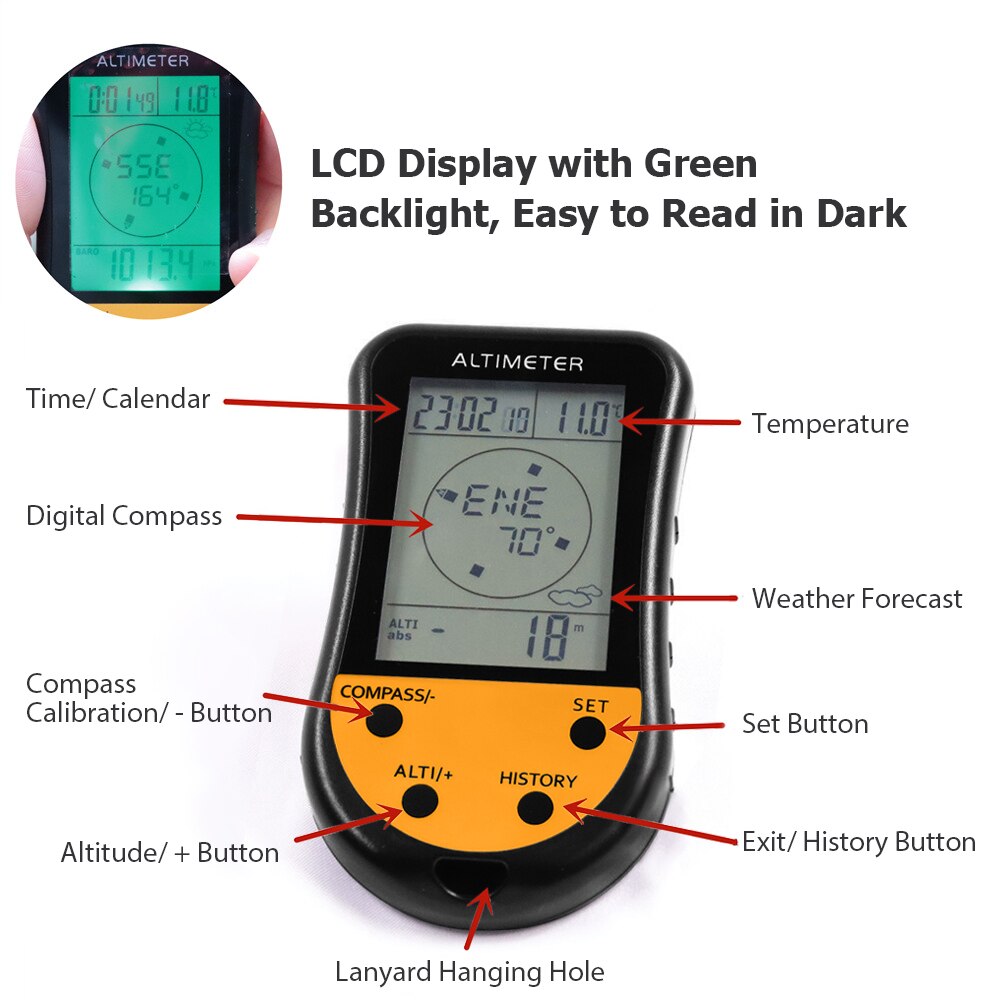 8-in-1 Multifunction Digital Altimeter with Barometer, Compass, Thermometer, Weather Forecast, Clock, and Calendar