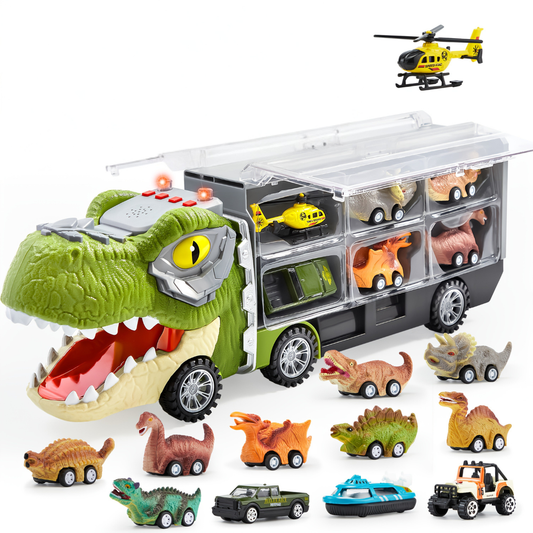 Dinosaur Toy Truck Gift Set Kids Pull Back Cars Sound Playset