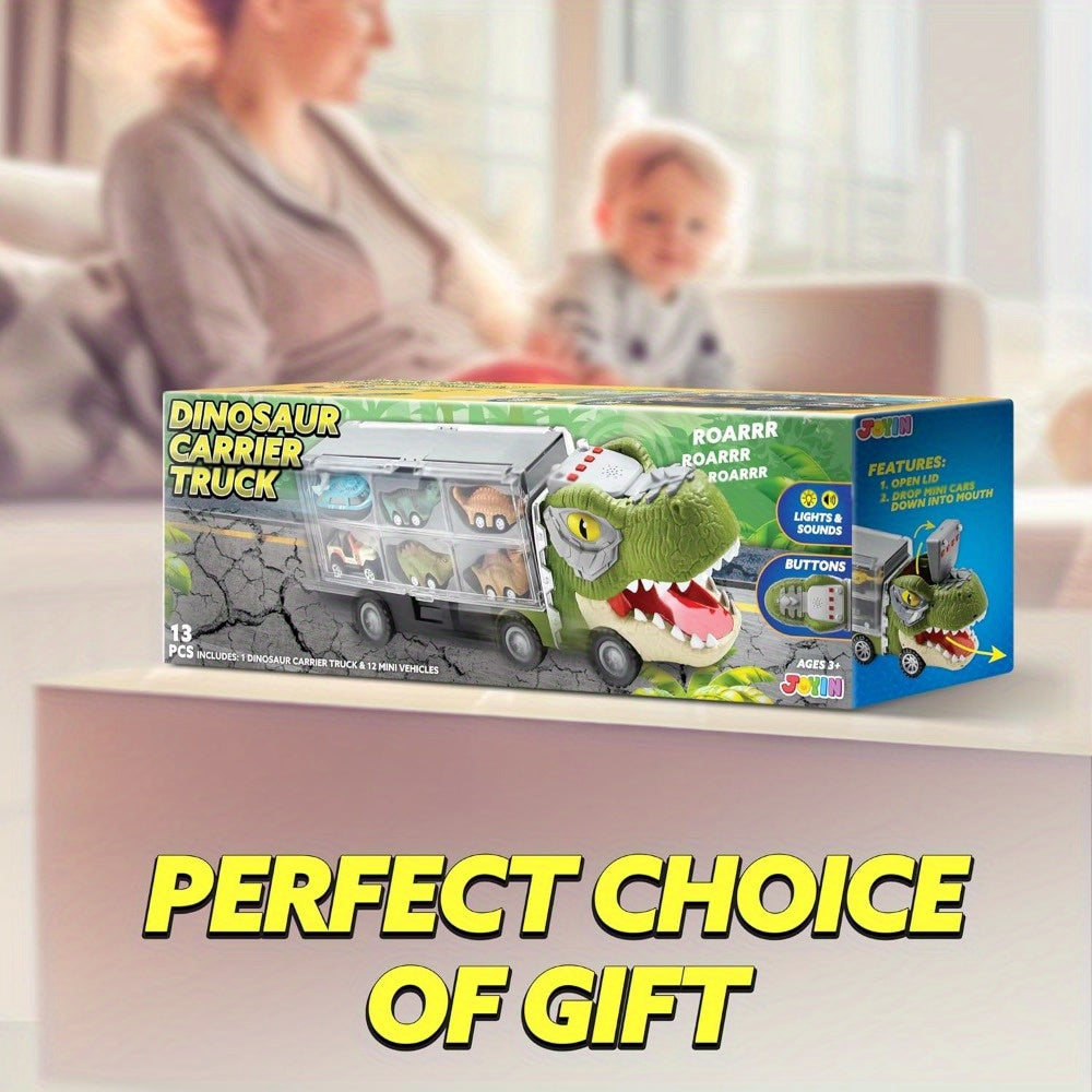 Dinosaur Toy Truck Gift Set Kids Pull Back Cars Sound Playset