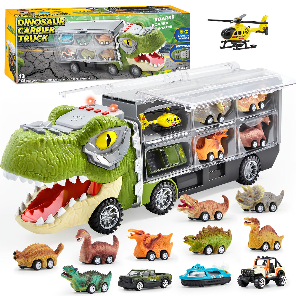 Dinosaur Toy Truck Gift Set Kids Pull Back Cars Sound Playset