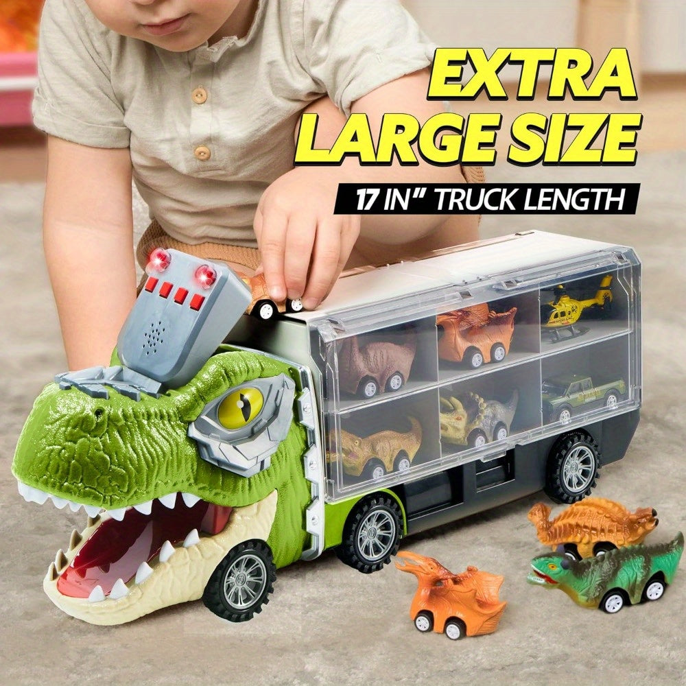Dinosaur Toy Truck Gift Set Kids Pull Back Cars Sound Playset