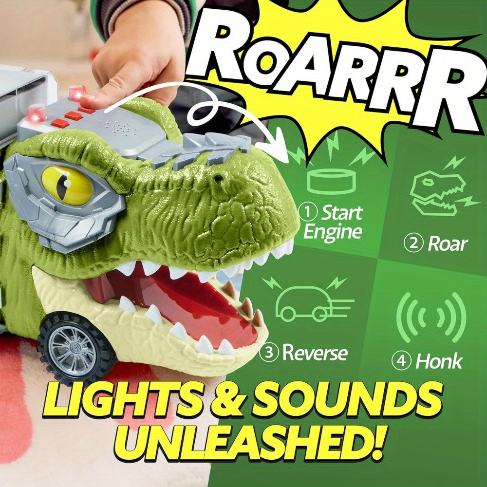 Dinosaur Toy Truck Gift Set Kids Pull Back Cars Sound Playset