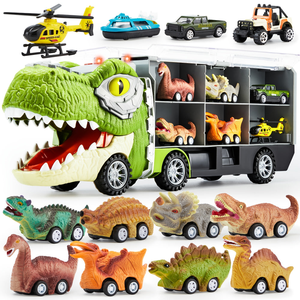 Dinosaur Toy Truck Gift Set Kids Pull Back Cars Sound Playset