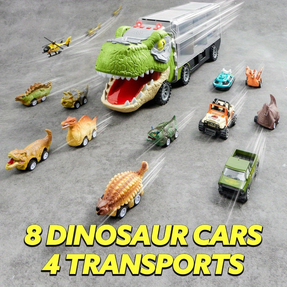 Dinosaur Toy Truck Gift Set Kids Pull Back Cars Sound Playset