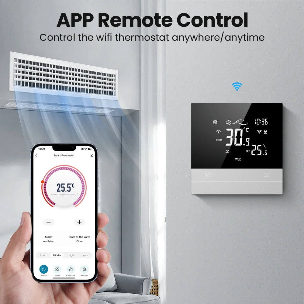 Smart WiFi Thermostat for Fan Coil Units – Touchscreen, Voice-Controlled, Energy-Saving HVAC Room Controller