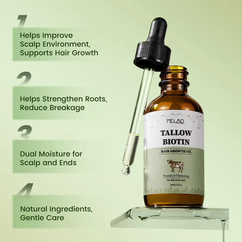 Organic Biotin Tallow Hair Growth Oil – Natural Hair Regrowth Treatment for Women & Men, Nourishing & Strengthening Serum