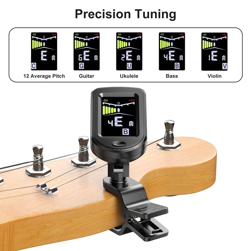 Clear LCD Rechargeable Clip-On Guitar Tuner – Quick, Accurate Tuning for Guitar, Bass, Ukulele & Violin