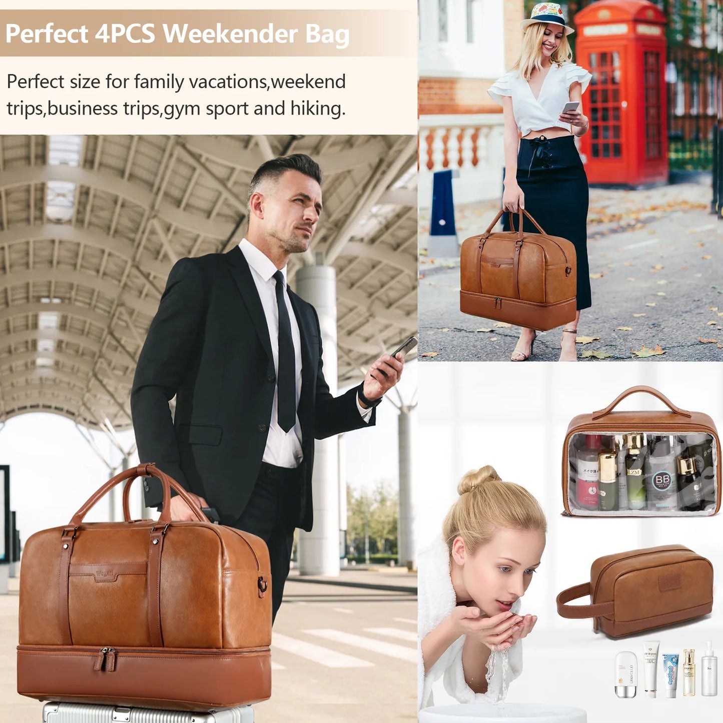 Retro PU Leather Gym Bag – Large Waterproof Travel Duffel with 4-Piece Set for Women & Men