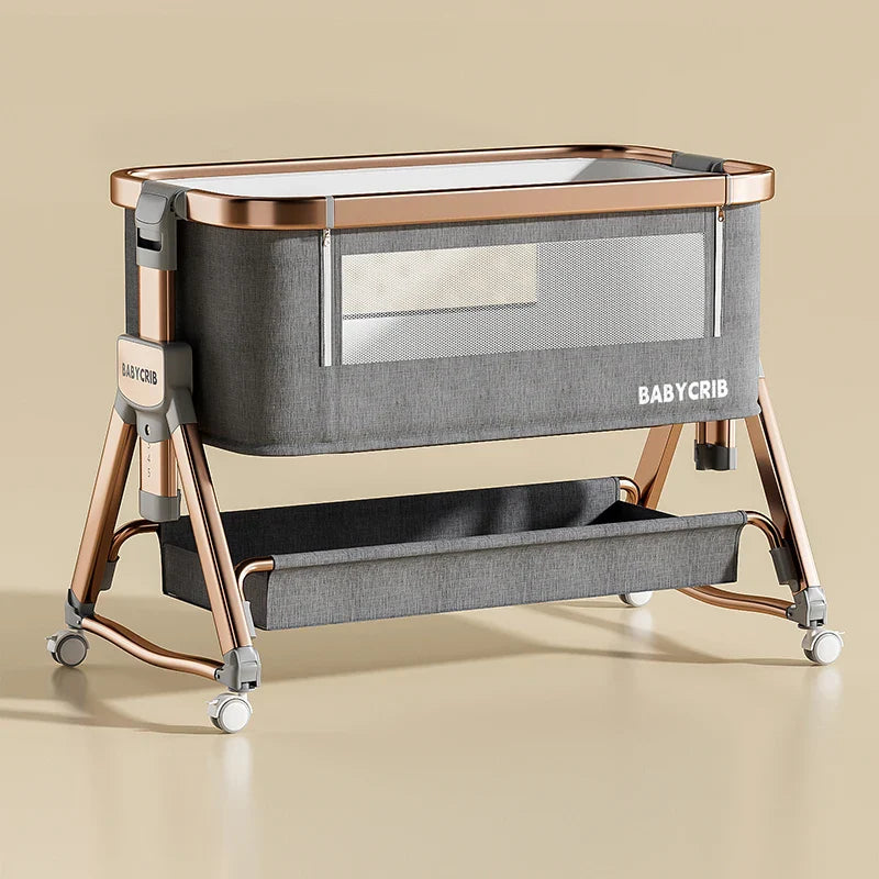 Modern Baby Cradle – Portable Newborn Bed with Wood Grain Design, Adjustable Height & Side-Sleep Function