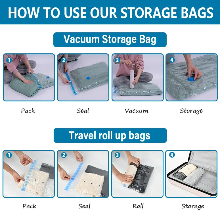 Vacuum Compression Storage Bags – Space Saver for Clothes, Comforters, Blankets – Reusable, Airtight, Eco-Friendly