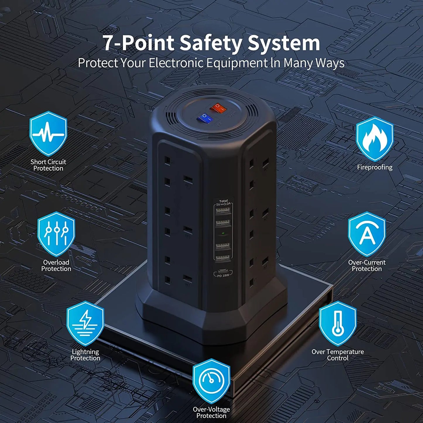 Tower Extension Lead with PD18W USB-C Fast Charger – 13A 3250W Multi Plug Extension with USB Ports & Power Strip