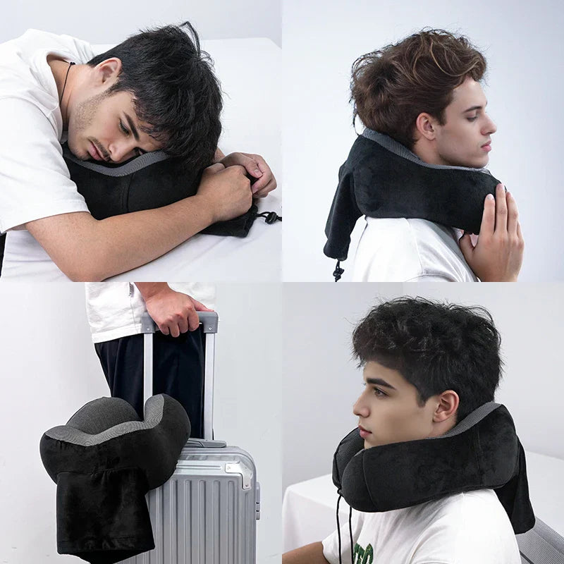 Foldable Memory Foam Travel Pillow – U-Shaped Neck Support with Massage Feature & Storage Cap for Airplane