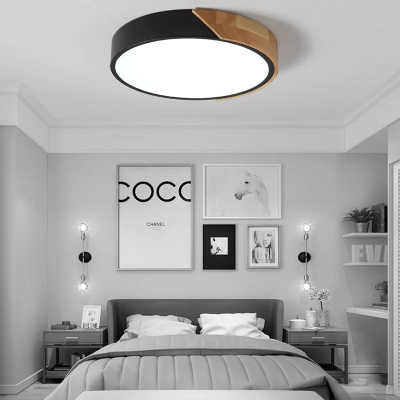 Warm Modern Round Ceiling Lamp – Minimalist Wood Art LED Light with Acrylic & Iron Design for Bedroom