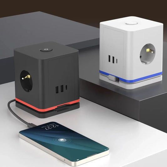 Avichic™ 16A Cube Power Strip – 3 AC Outlets with USB-A & Type-C Charging Ports, Desktop Socket for Home & Office Use