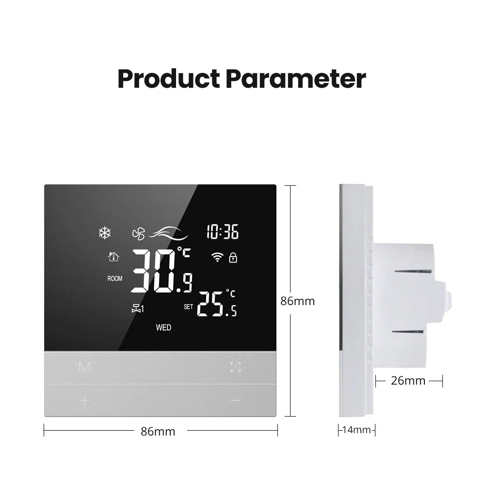 Smart WiFi Thermostat for Fan Coil Units – Touchscreen, Voice-Controlled, Energy-Saving HVAC Room Controller