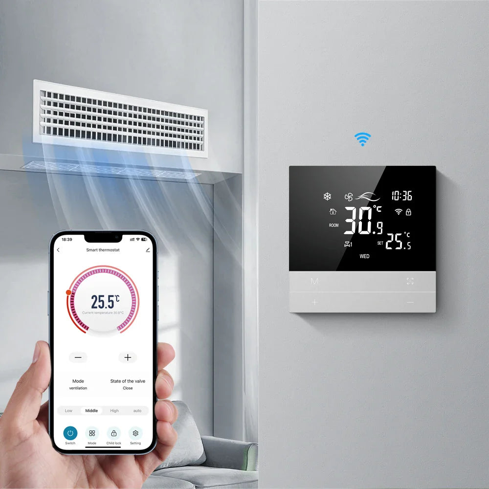 Smart WiFi Thermostat for Fan Coil Units – Touchscreen, Voice-Controlled, Energy-Saving HVAC Room Controller