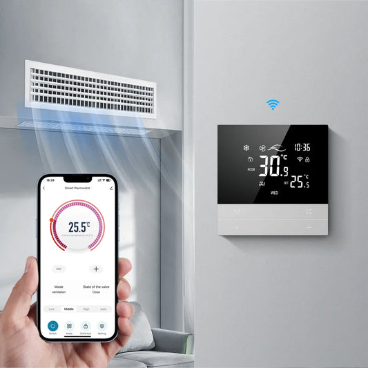 Smart WiFi Thermostat for Fan Coil Units – Touchscreen, Voice-Controlled, Energy-Saving HVAC Room Controller