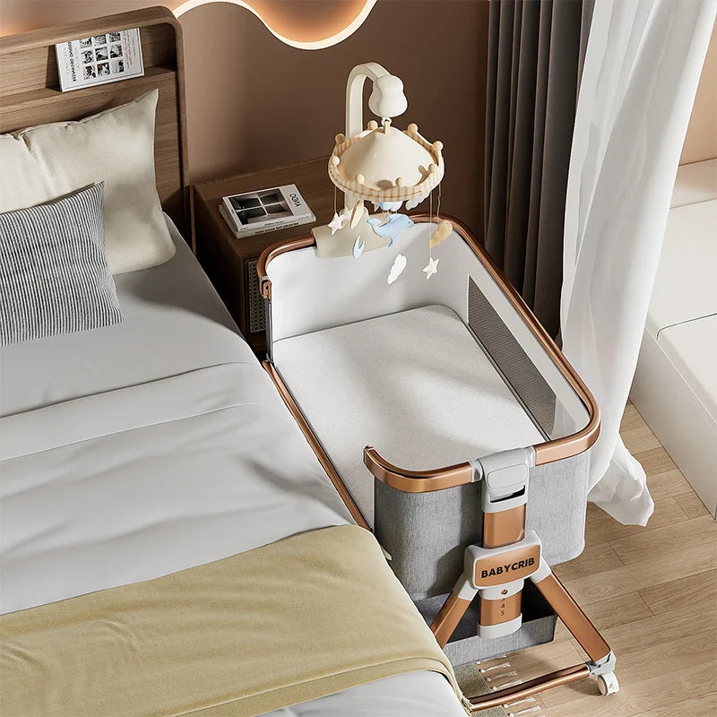 Modern Baby Cradle – Portable Newborn Bed with Wood Grain Design, Adjustable Height & Side-Sleep Function