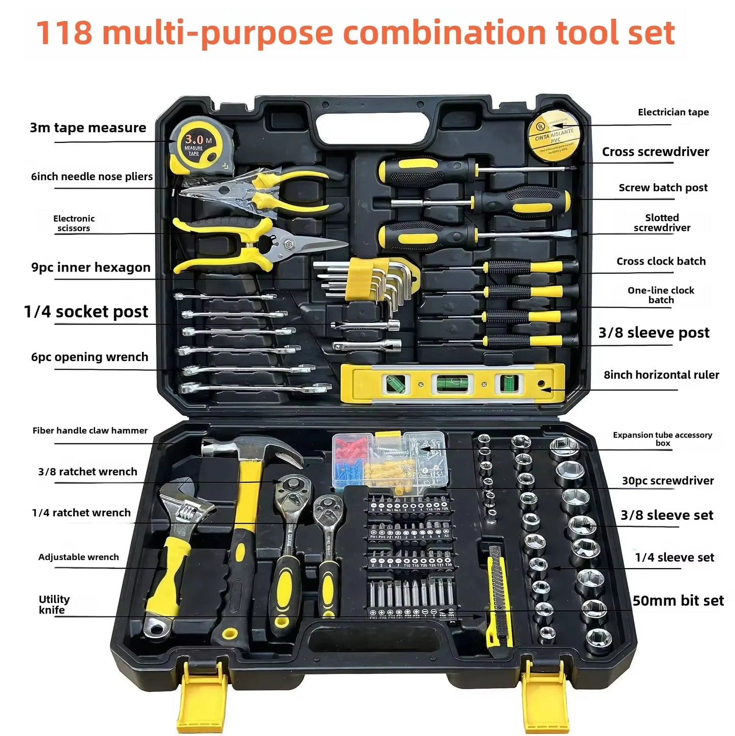 Avichic™ 118-Piece Hand Tool Kit – Multifunctional Carbon Steel Repair Set with Wrench, Level, Tape, Screwdrivers & Case for Home & DIY