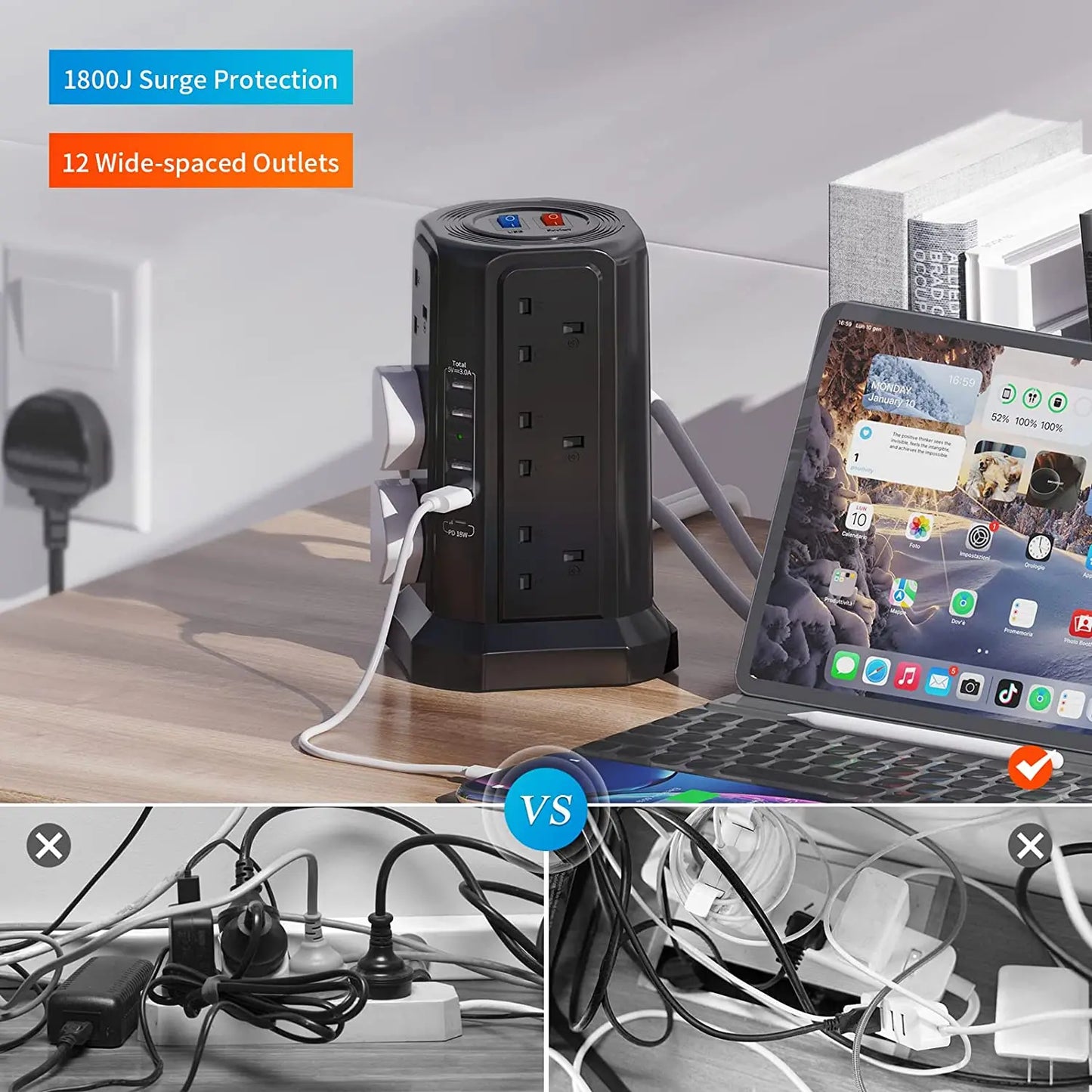 Tower Extension Lead with PD18W USB-C Fast Charger – 13A 3250W Multi Plug Extension with USB Ports & Power Strip