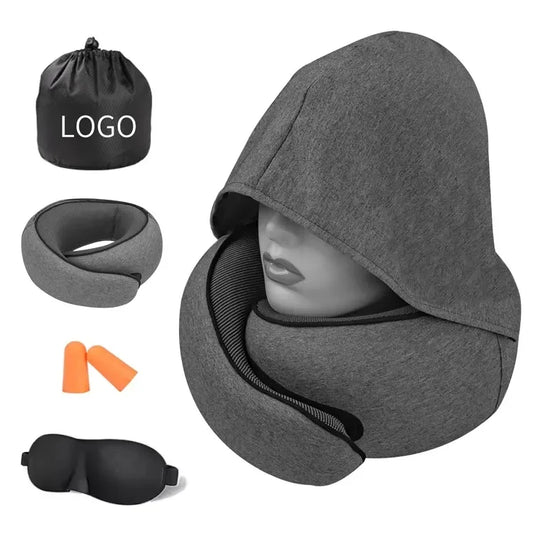 Hooded Memory Foam Travel Pillow – U-Shaped Neck Support Cushion with Privacy Hood for Airplane & Office Naps