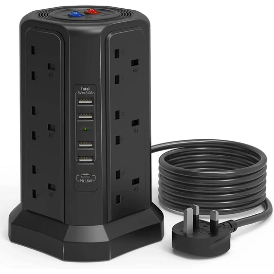 Tower Extension Lead with PD18W USB-C Fast Charger – 13A 3250W Multi Plug Extension with USB Ports & Power Strip