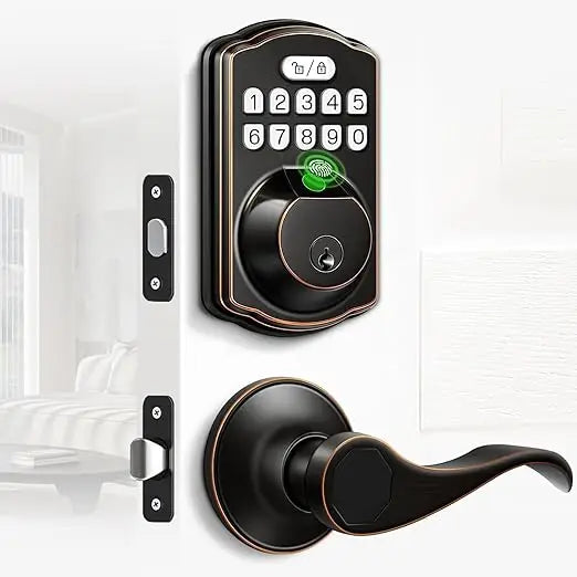 Keyless Entry Smart Door Lock with Fingerprint, Electronic Keypad & Handle Set for Front Doors