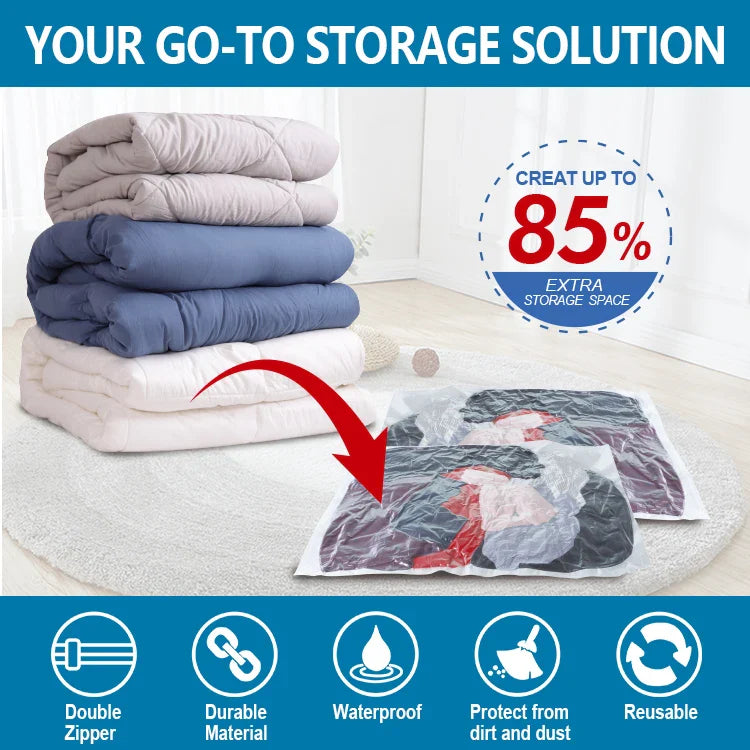 Vacuum Compression Storage Bags – Space Saver for Clothes, Comforters, Blankets – Reusable, Airtight, Eco-Friendly