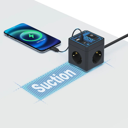 EU Smart Power Cube – 3 AC Outlets with USB-A & Type-C Ports, 16A Plug Adapter Socket for Home & Office Charging