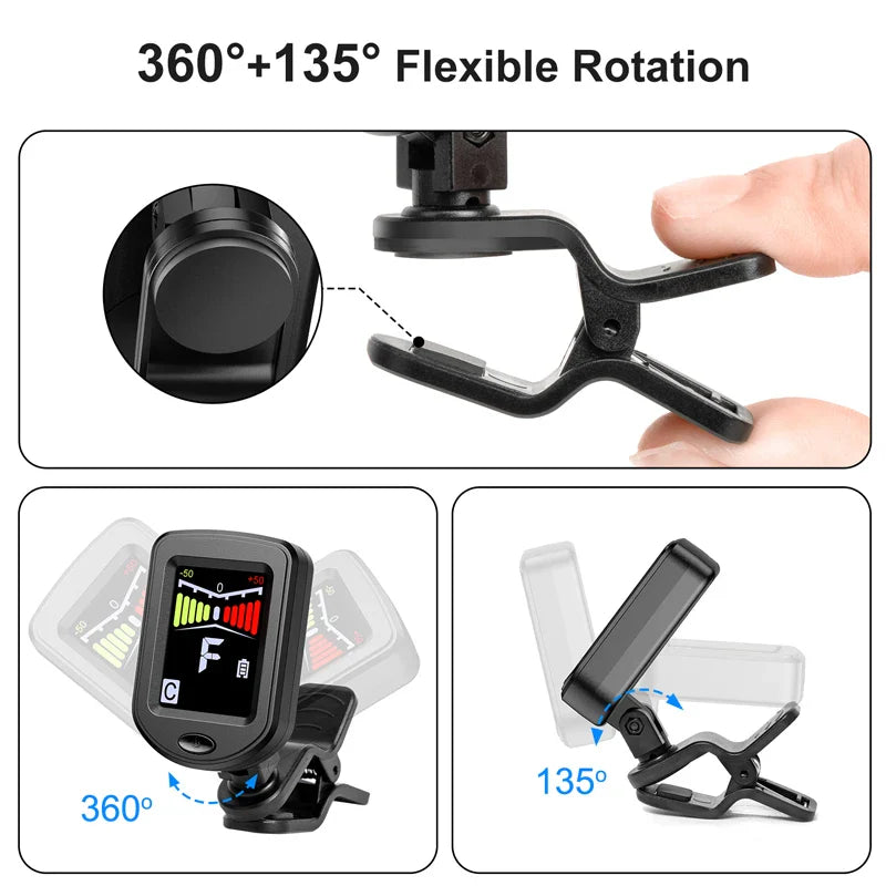 Clear LCD Rechargeable Clip-On Guitar Tuner – Quick, Accurate Tuning for Guitar, Bass, Ukulele & Violin