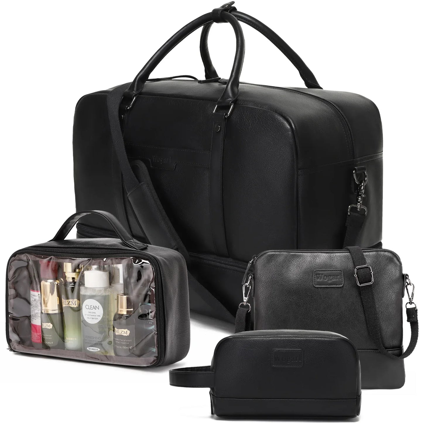 Retro PU Leather Gym Bag – Large Waterproof Travel Duffel with 4-Piece Set for Women & Men