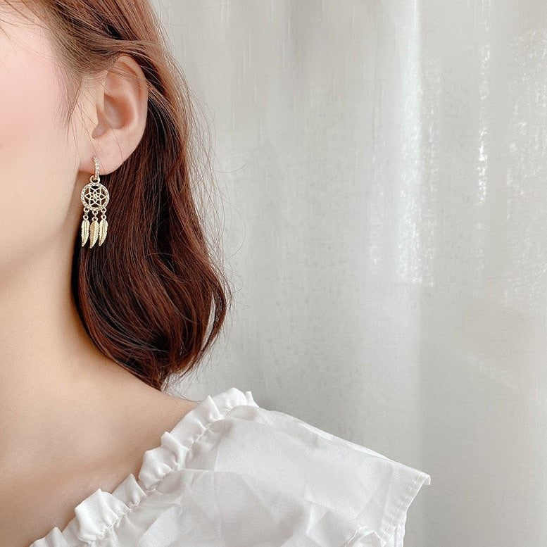 Dreamcatcher 14k Solid Gold Earrings - hoop earrings