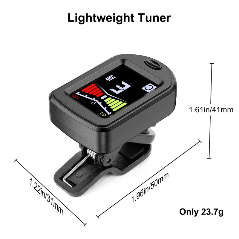 Clear LCD Rechargeable Clip-On Guitar Tuner – Quick, Accurate Tuning for Guitar, Bass, Ukulele & Violin