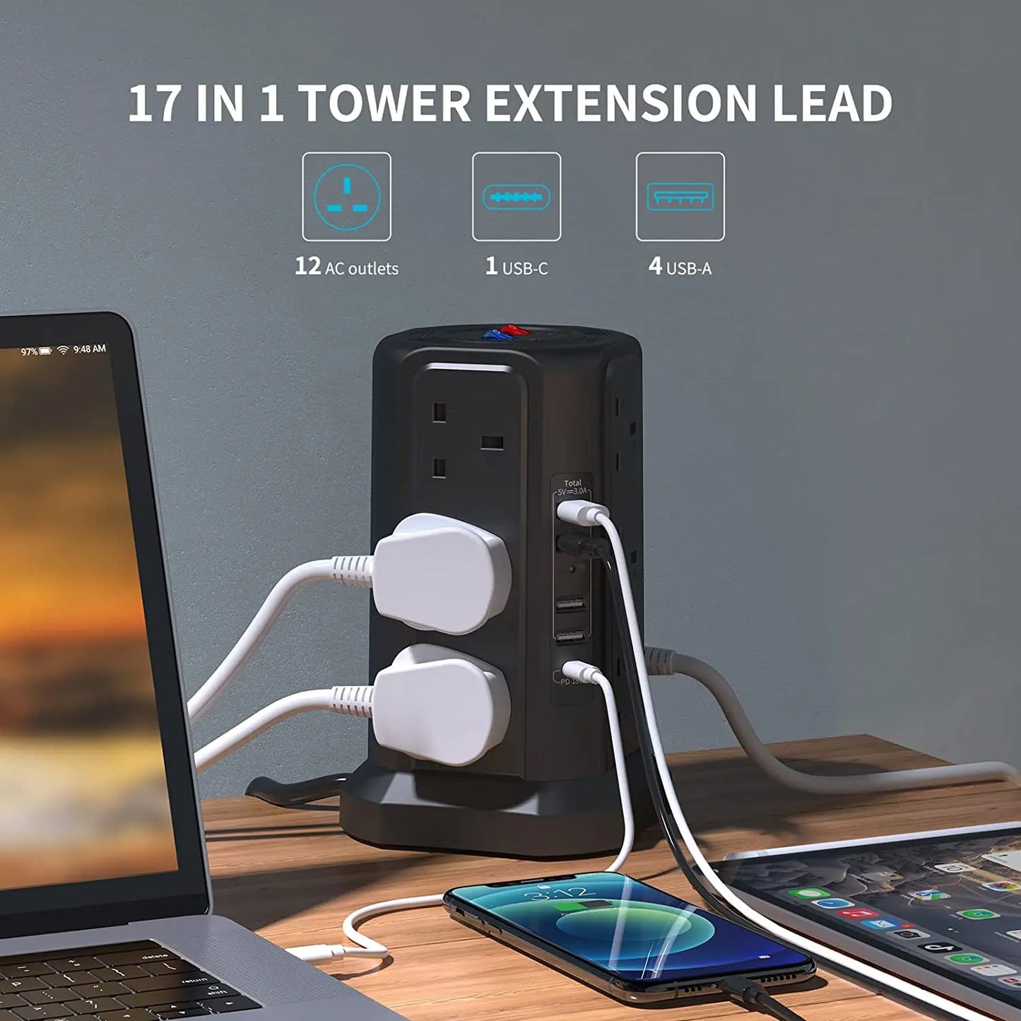 Tower Extension Lead with PD18W USB-C Fast Charger – 13A 3250W Multi Plug Extension with USB Ports & Power Strip