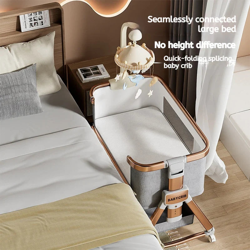 Modern Baby Cradle – Portable Newborn Bed with Wood Grain Design, Adjustable Height & Side-Sleep Function
