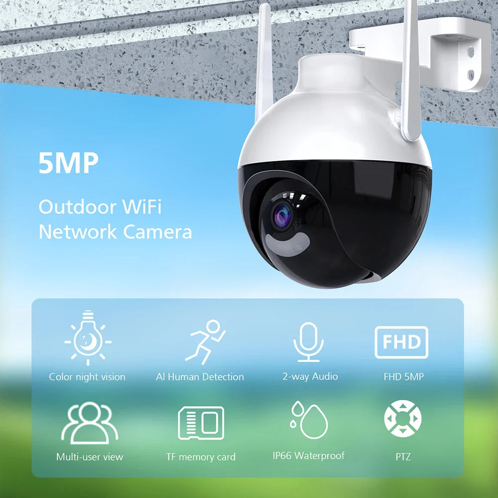 5MP Outdoor PTZ WiFi Security Camera – Waterproof Night Vision with Motion Tracking & Two-Way Audio