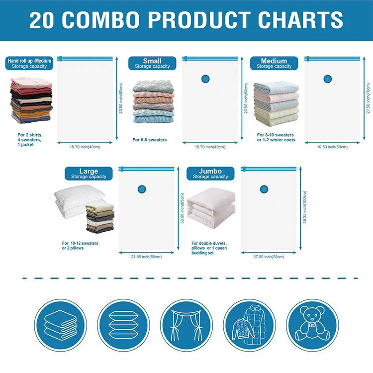 Vacuum Compression Storage Bags – Space Saver for Clothes, Comforters, Blankets – Reusable, Airtight, Eco-Friendly