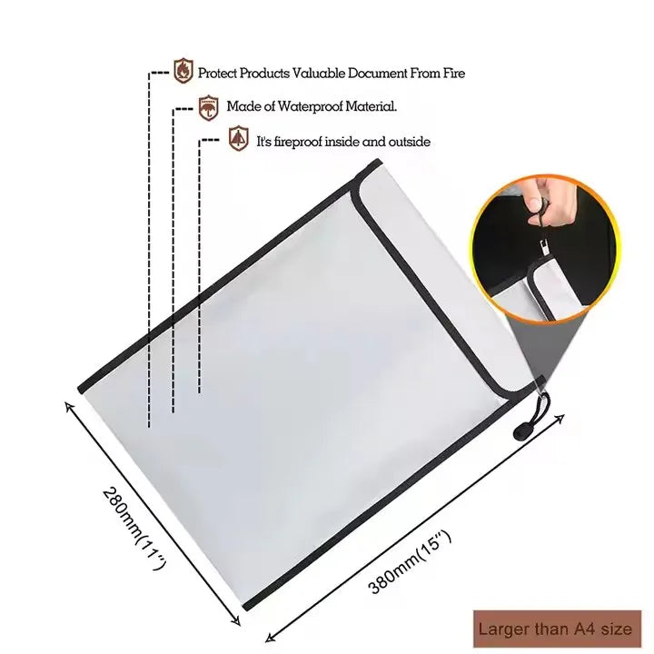 Fireproof Document Bag – Waterproof Fiberglass A4 Safe Storage Pouch for Office, School & Home Use
