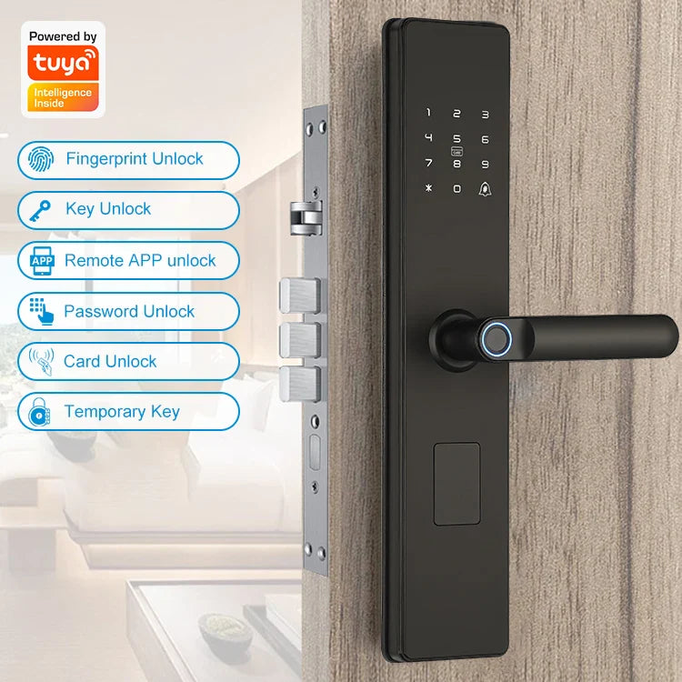 Smart Fingerprint Door Lock with Tuya App, Keyless Entry, Password & Card Unlock, Durable Metal Handle for Home & Office
