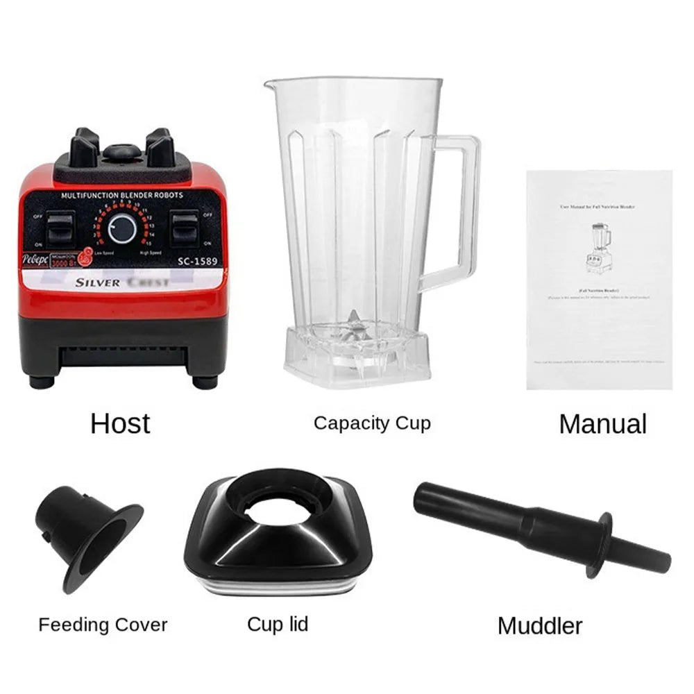 Heavy Duty High Power Electric Blender and Juicer - 4500W Professional Food Mixer with 2L Plastic Container - 15 Speed Settings for Home and Commercial Use