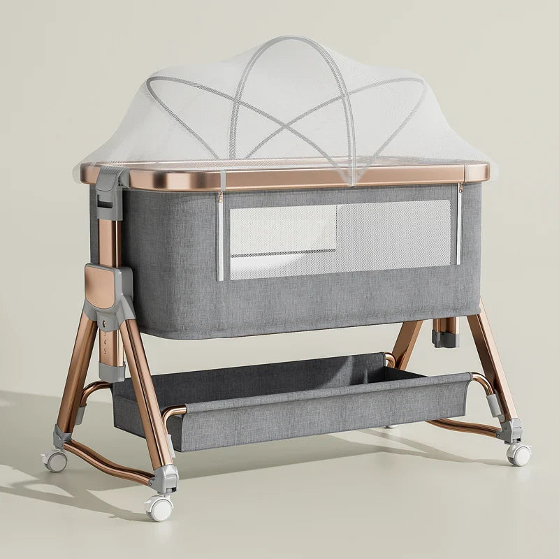 Modern Baby Cradle – Portable Newborn Bed with Wood Grain Design, Adjustable Height & Side-Sleep Function